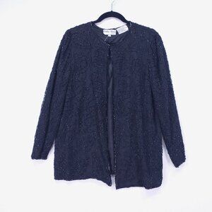 Silky Nites Women's Black Sequin 100% Silk Open Front Formal Cardigan - Size L